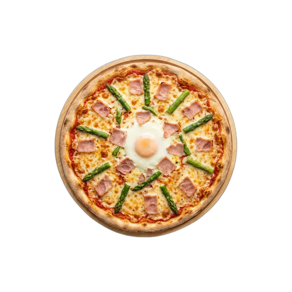 Nr. 24 Vorderschinken, Spargel, Ei – Pizza La Mamma