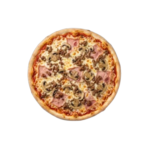 Nr. 33 Vorderschinken, Champignons, Hackfleisch – Pizza La Mamma