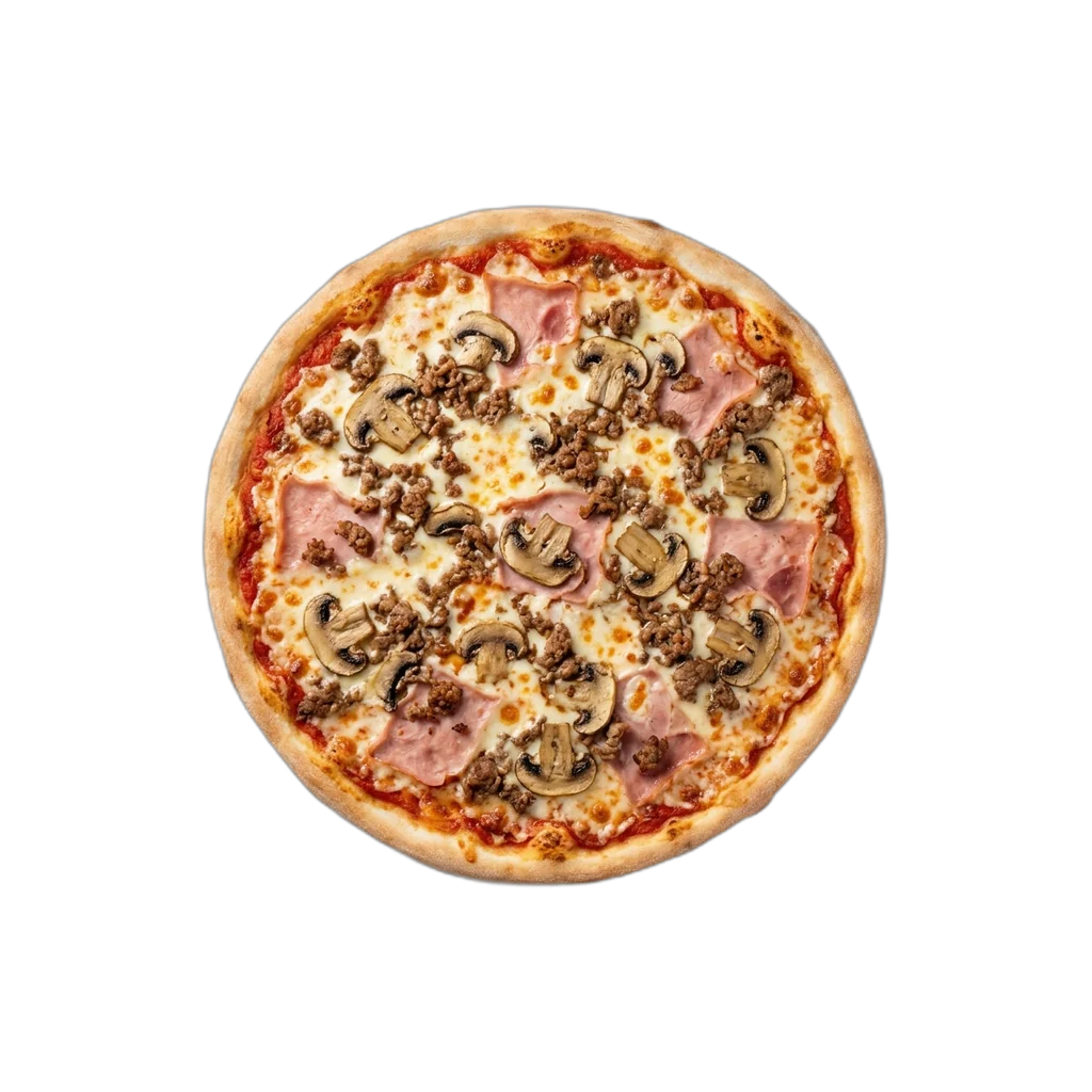 Nr. 33 Vorderschinken, Champignons, Hackfleisch – Pizza La Mamma