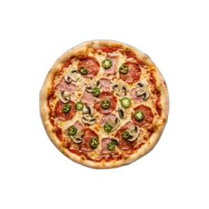 Nr. 49 Salami, Vorderschinken, Champignons, Peperoni – Pizza La Mamma