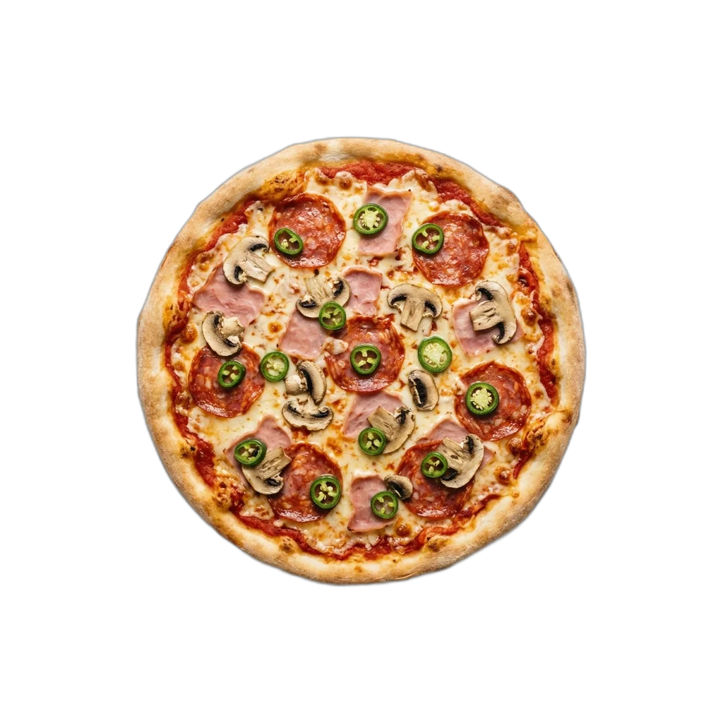 Nr. 49 Salami, Vorderschinken, Champignons, Peperoni – Pizza La Mamma