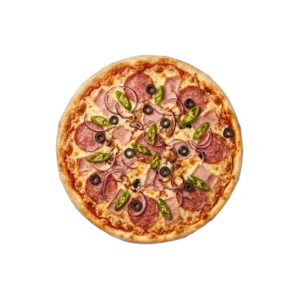 Nr. 50 Salami, Vorderschinken, Zwiebeln – Pizza La Mamma