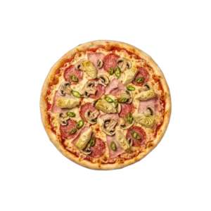Nr. 52 Vorderschinken, Champignons, Salami, Artischocken, Peperoni – Pizza La Mamma
