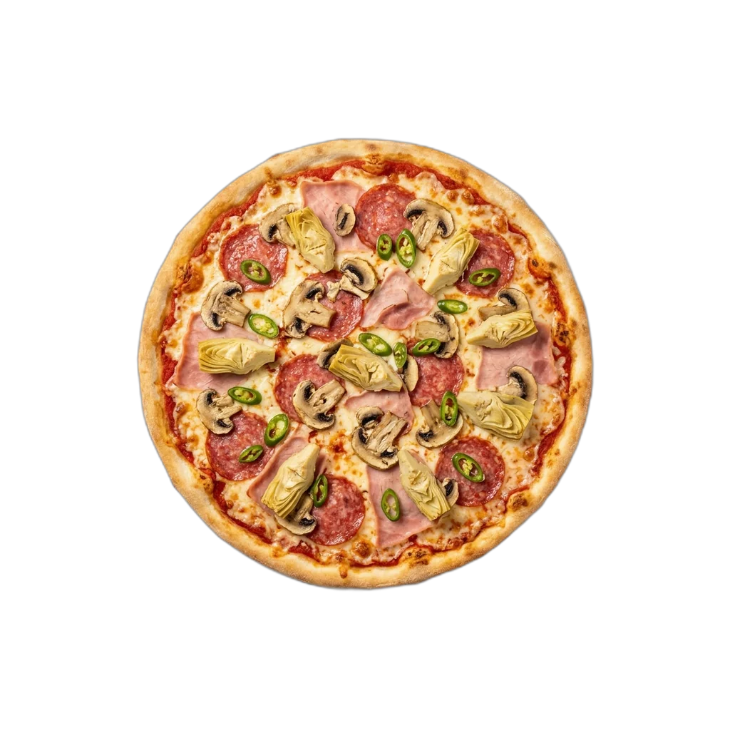 Nr. 52 Vorderschinken, Champignons, Salami, Artischocken, Peperoni – Pizza La Mamma