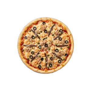 Nr. 56 Thunfisch, Sardellen, Krabben, Kapern … – Pizza La Mamma