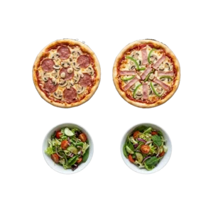Spar-Menü Nr. 1: zwei Pizzen Ø 26 cm mit zwei gemischten Salaten – Pizza La Mamma