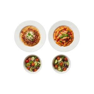 Spar-Menü Nr. 2: zwei Nudelgerichte mit zwei gemischten Salaten – Pizza La Mamma
